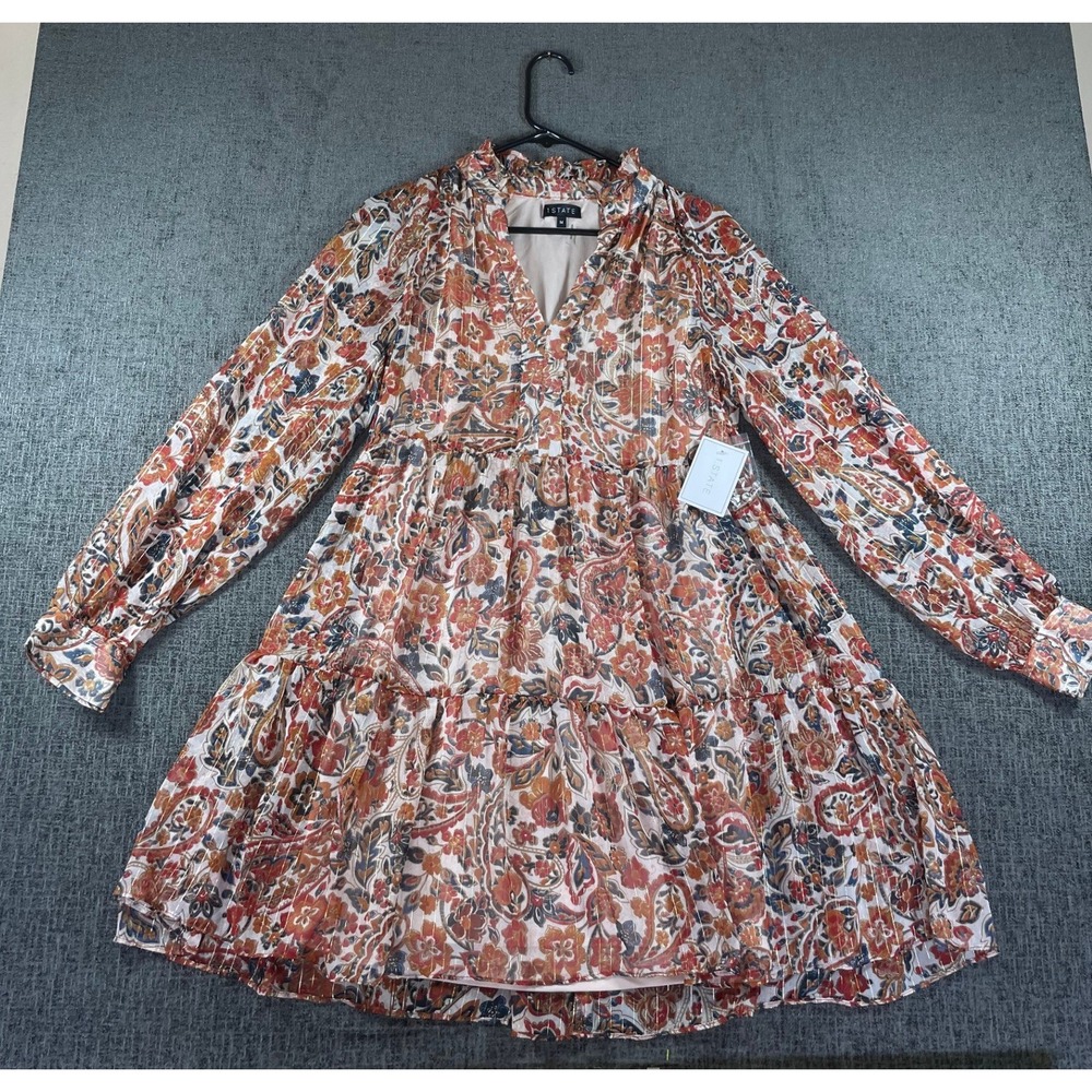 1.STATE Womens Paisley Floral Metallic Tiered Mini Dress Orange Blue Size M NWT